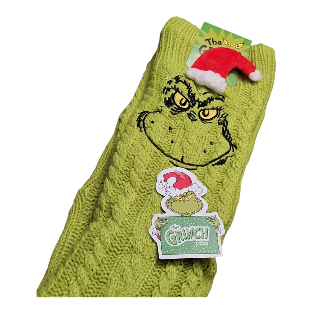 Bioworld Grinch Sherpa Lined Santa Hat Knit Slipper Socks NWT (Shoe 5-10)